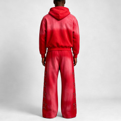 Custom Men Sun Faded Boxy Cropped Zip up Hoodie Wide Leg Sweatpants Set Rhinestone Star Embroidery Oversized Street Tracksuit