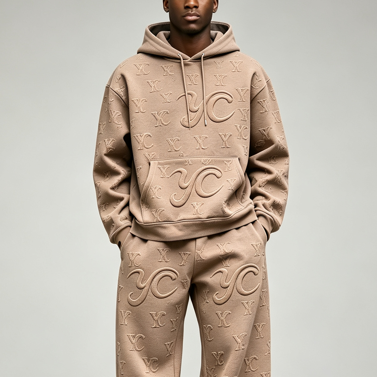 Custom Embossed Applique Embroidery 100% Cotton Fleece Drawstring Hood Pullover Wide Leg 2 Pieces Men's Winter Streetwear Casual