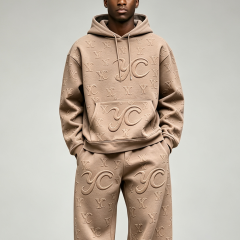 Custom Embossed Applique Embroidery 100% Cotton Fleece Drawstring Hood Pullover Wide Leg 2 Pieces Men's Winter Streetwear Casual