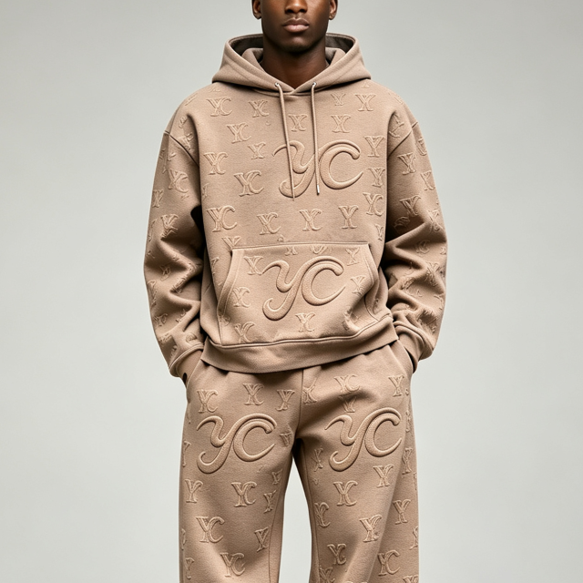 Custom Embossed Applique Embroidery 100% Cotton Fleece Drawstring Hood Pullover Wide Leg 2 Pieces Men's Winter Streetwear Casual