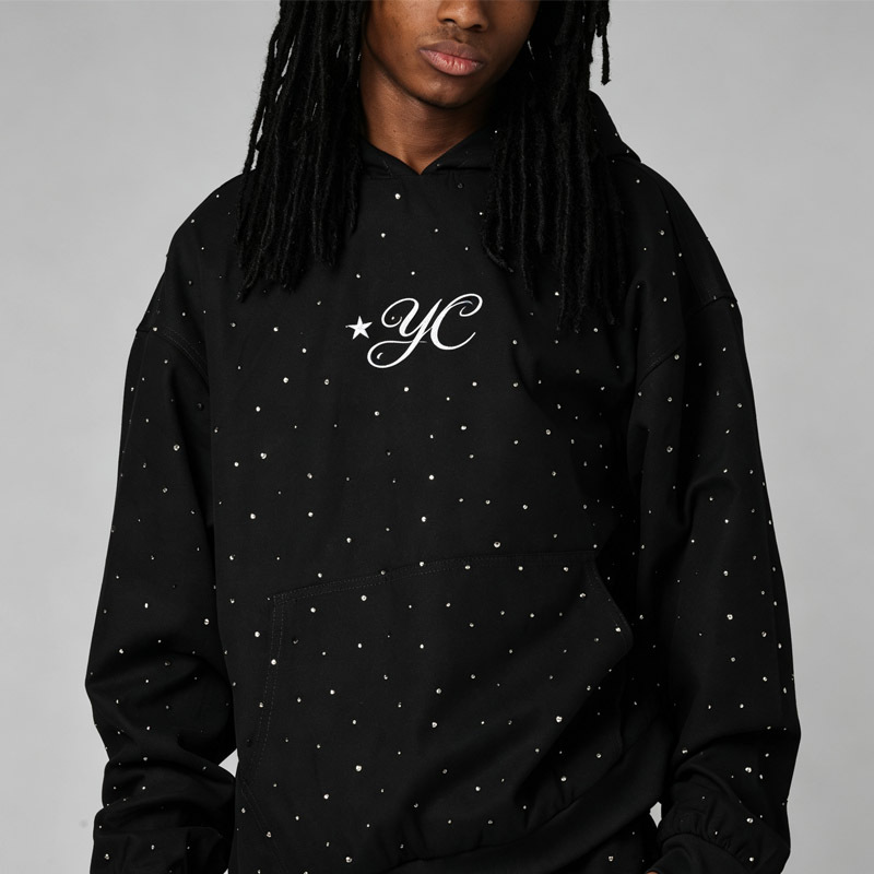Custom Mens Hooded Pullover Tracksuit 100% Cotton French Terry Full Rhinestone Embroidered Oversized Hoodie Shorts Two Piece Set
