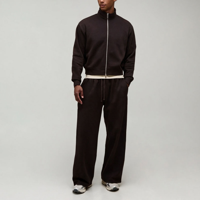 Custom Men Oversized Shrunken Full Zip Sweatshirt and Wide Leg Sweatpants Tracksuit Cotton Brushed Back Casual Two Piece Set