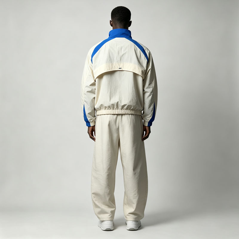 Custom Men Retro Color Block Ripstop Windbreaker Set Pit Zip Side Vent Concealed Pocket Cropped Oversized Jacket Wide Leg Pant