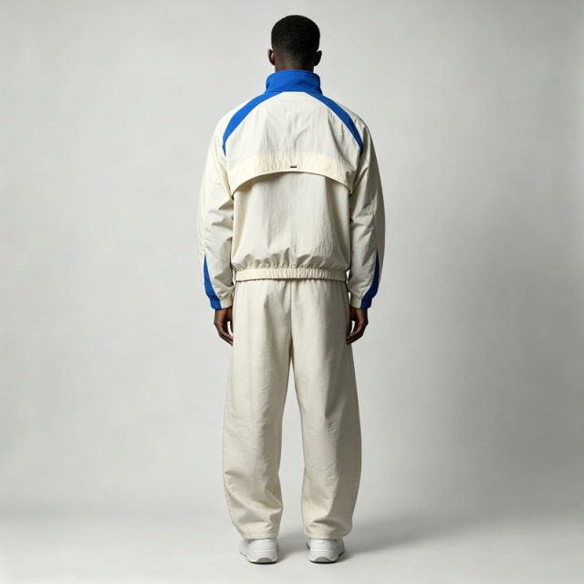Custom Men Retro Color Block Ripstop Windbreaker Set Pit Zip Side Vent Concealed Pocket Cropped Oversized Jacket Wide Leg Pant