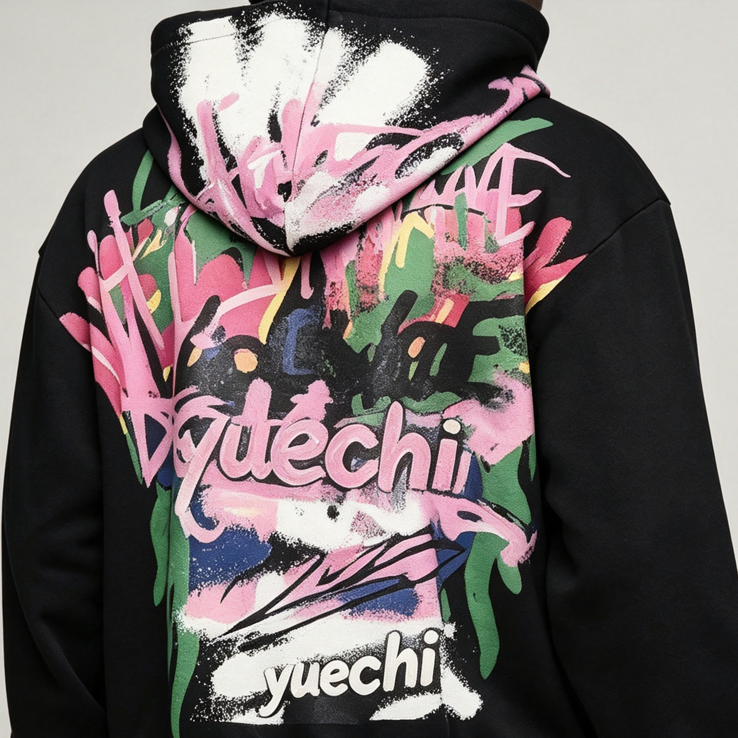 Custom Puff Printing 100% Cotton Fleece Winter Street Art Full Zip Boxy Fit Baggy 2 Pieces Black Men's Graffiti Tracksuit Set