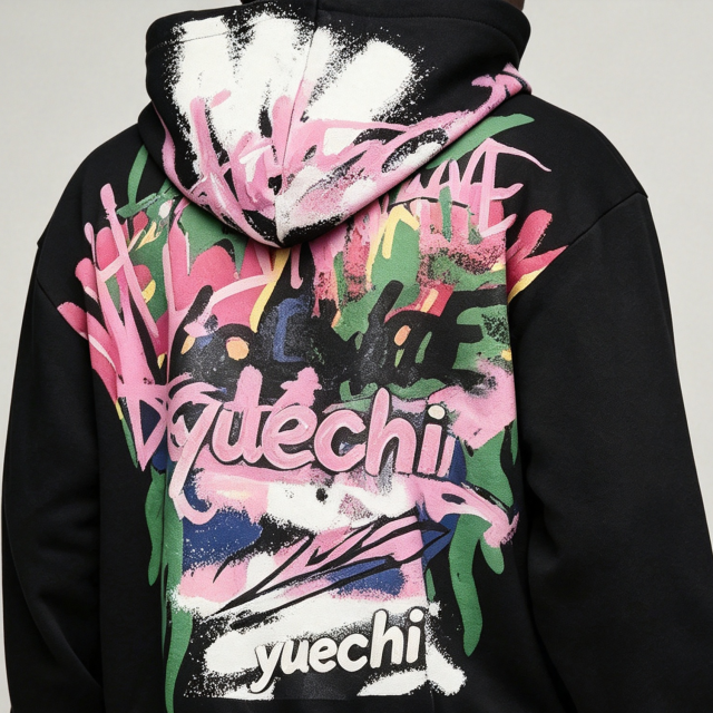 Custom Puff Printing 100% Cotton Fleece Winter Street Art Full Zip Boxy Fit Baggy 2 Pieces Black Men's Graffiti Tracksuit Set