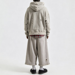 Men Stone Washed Heather Grey Heavyweight 100% Cotton French Terry Distressed Ripped Cropped Hoodie Wide Leg Cropped Tracksuit
