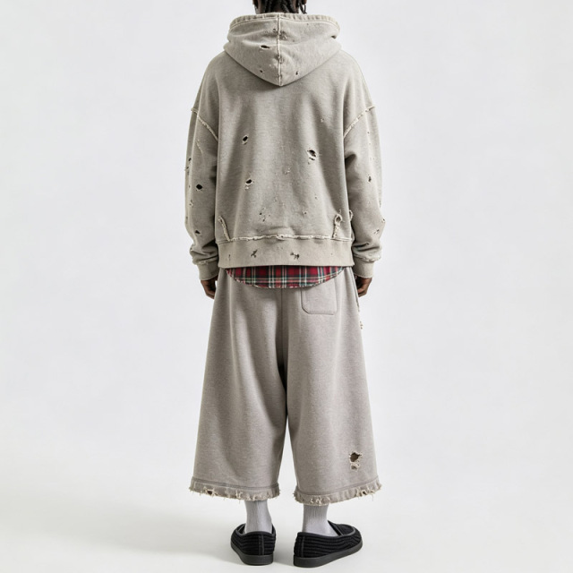 Men Stone Washed Heather Grey Heavyweight 100% Cotton French Terry Distressed Ripped Cropped Hoodie Wide Leg Cropped Tracksuit