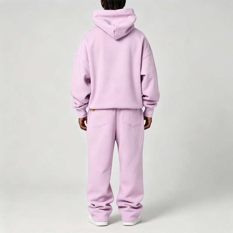 Custom 100% Cotton Fleece Mens Drop Shoulder Hooded 2 Piece Set Oversized Baggy Screen Print Wide Leg Tracksuit Light Purple
