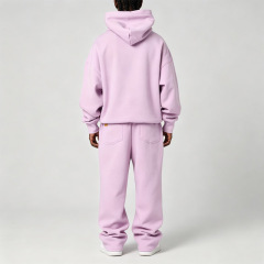 Custom 100% Cotton Fleece Mens Drop Shoulder Hooded 2 Piece Set Oversized Baggy Screen Print Wide Leg Tracksuit Light Purple