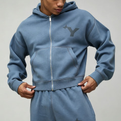 Custom DTG Printed 2-Piece Boxy Fit Cropped Full-Zip Wide-Leg Steel Blue French Terry Men's Heavyweight Winter Streetwear