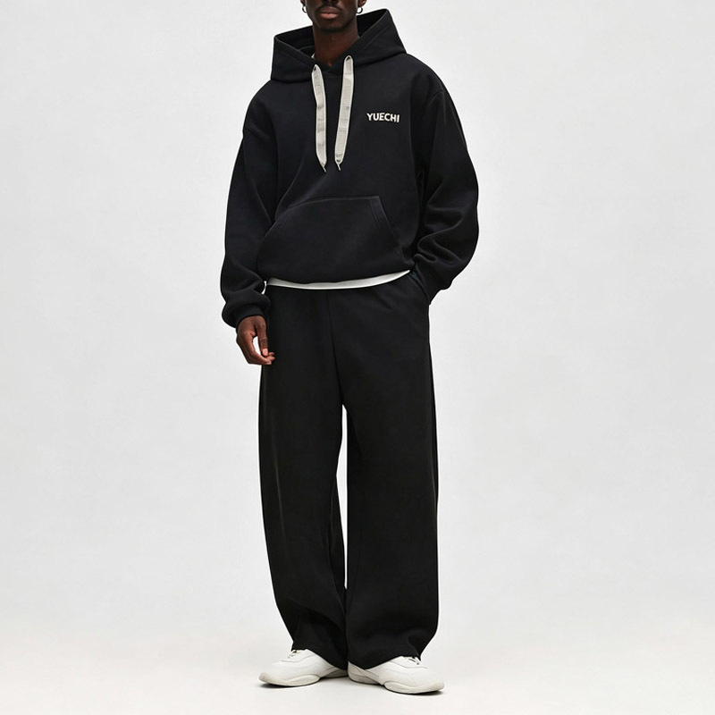 Custom Men Heavyweight Fleece Lined Tracksuit Boxy Hoodie Wide Leg Sweatpants Letter Embroidery Drawstring Hood Streetwear