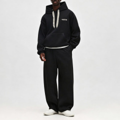 Custom Men Heavyweight Fleece Lined Tracksuit Boxy Hoodie Wide Leg Sweatpants Letter Embroidery Drawstring Hood Streetwear