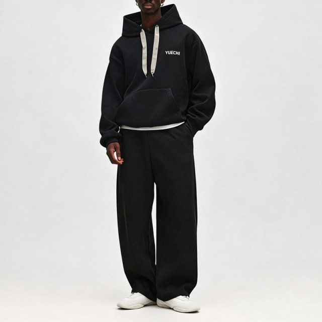 Custom Men Heavyweight Fleece Lined Tracksuit Boxy Hoodie Wide Leg Sweatpants Letter Embroidery Drawstring Hood Streetwear