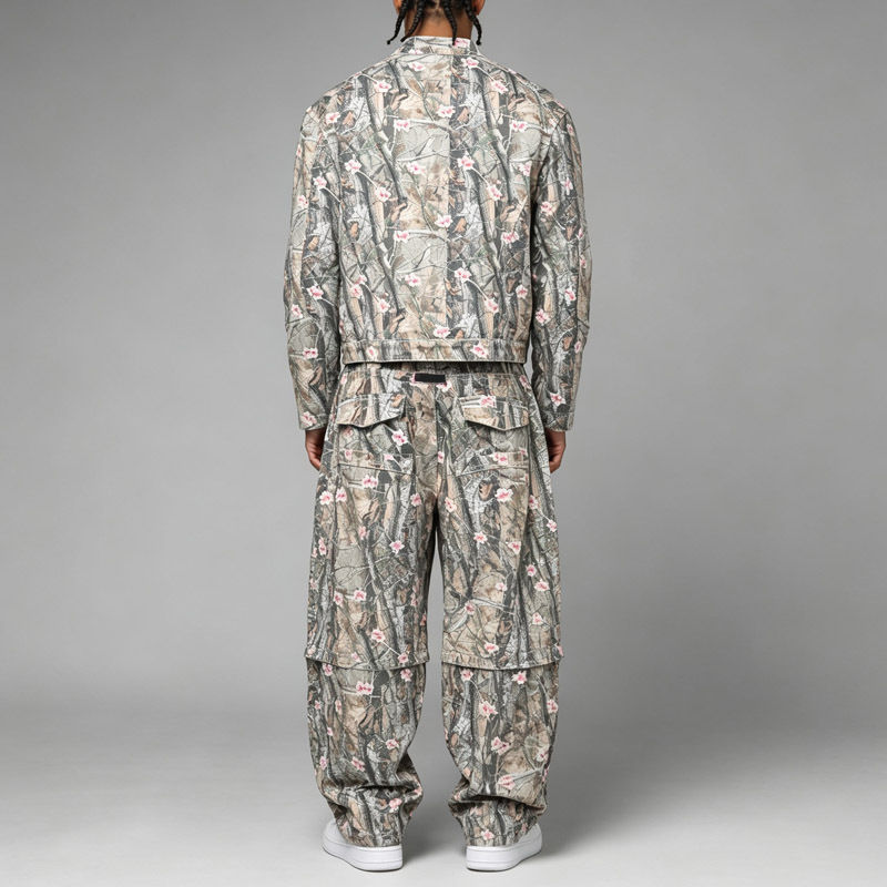 Heavyweight Mens Full Print 2 Piece Outfit Jacket Set Boxy Cropped Stand Collar Fireman Clasp Baggy Wide Leg Cargo Pants Street