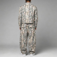 Heavyweight Mens Full Print 2 Piece Outfit Jacket Set Boxy Cropped Stand Collar Fireman Clasp Baggy Wide Leg Cargo Pants Street
