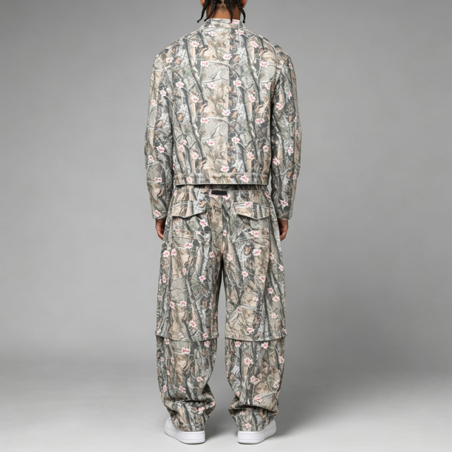 Heavyweight Mens Full Print 2 Piece Outfit Jacket Set Boxy Cropped Stand Collar Fireman Clasp Baggy Wide Leg Cargo Pants Street
