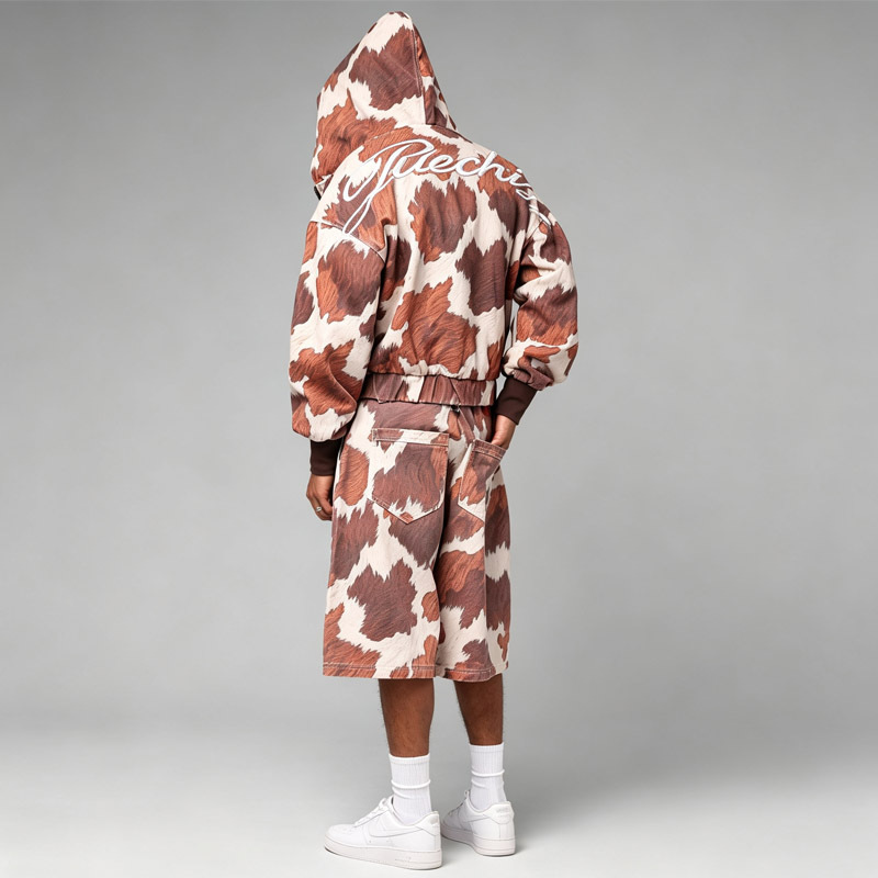 Custom Heavyweight Woven Mens Y2K Streetwear 2 Piece Set Full Print Full Zip Cropped Wide Leg Jort Shorts Embroidery