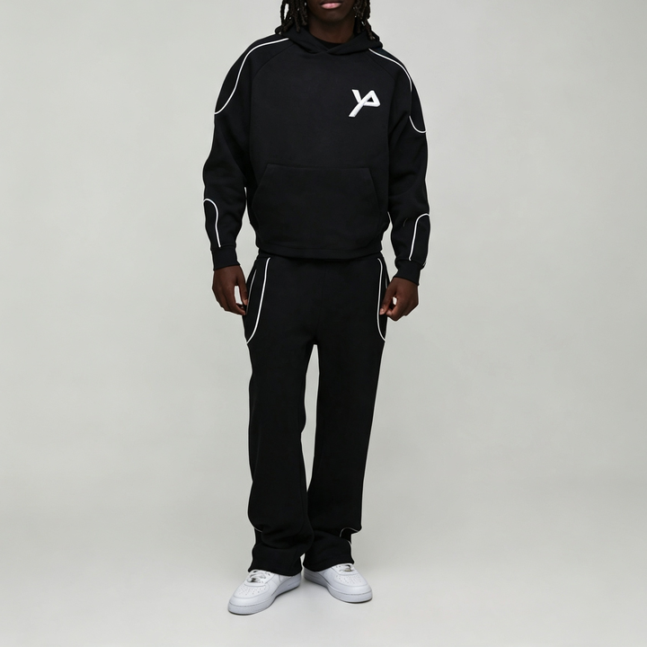 Custom Made Embroidery Logo Contrast Piping French Terry Boxy Fit 2 Pieces Pullover Hoodie Wide Leg Joggers Men's Tracksuit