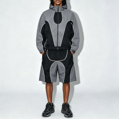 Wholesale Custom Mens Color Block Patchwork Windbreaker Polyester Nylon Tracksuit Mens Track Zip up Jacket and Shorts Set
