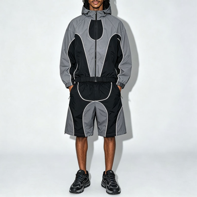 Wholesale Custom Mens Color Block Patchwork Windbreaker Polyester Nylon Tracksuit Mens Track Zip up Jacket and Shorts Set
