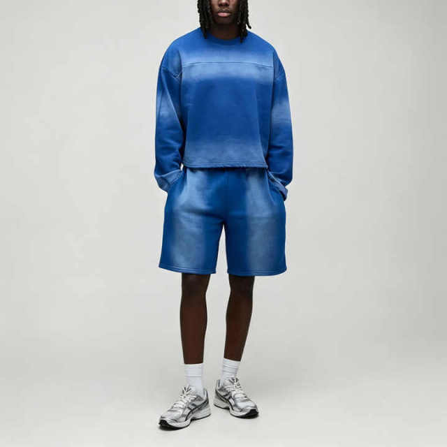 Custom Winter Sun Faded 100% Pure Cotton French Terry 2-Piece Crewneck Pullover Boxy Fit Knee-Length Men's Vintage Streetwear