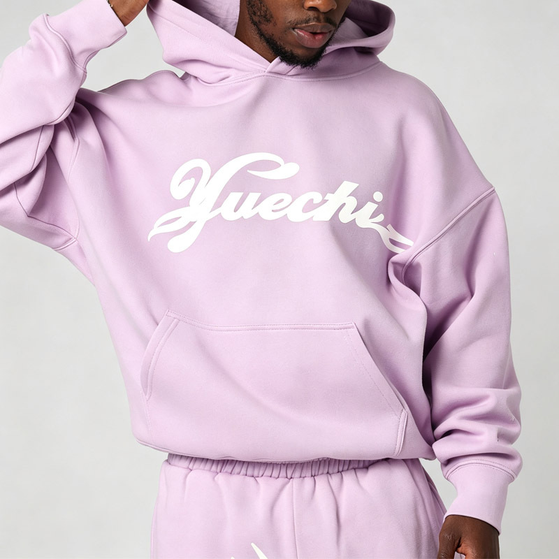 Custom 100% Cotton Fleece Mens Drop Shoulder Hooded 2 Piece Set Oversized Baggy Screen Print Wide Leg Tracksuit Light Purple
