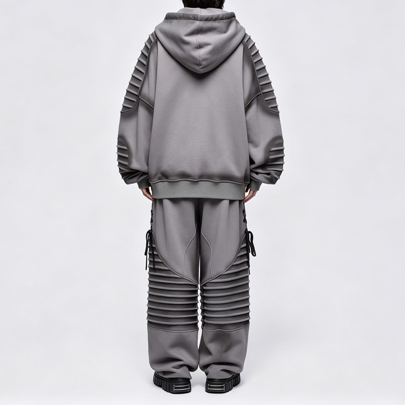 Men's Charcoal Fleece Lined Full Zip Tactical Hoodie Tracksuit Lace up Eyelet Multi Layer Ribbed Sleeve Wide Leg Streetwear Set