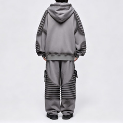 Men's Charcoal Fleece Lined Full Zip Tactical Hoodie Tracksuit Lace up Eyelet Multi Layer Ribbed Sleeve Wide Leg Streetwear Set
