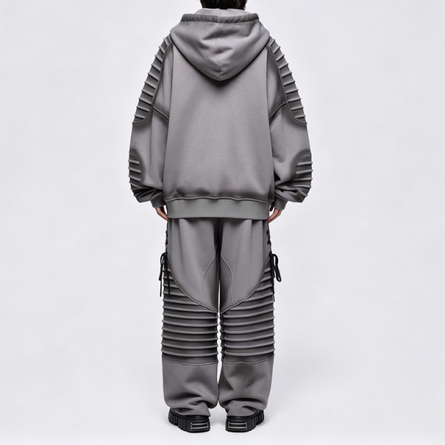 Men's Charcoal Fleece Lined Full Zip Tactical Hoodie Tracksuit Lace up Eyelet Multi Layer Ribbed Sleeve Wide Leg Streetwear Set