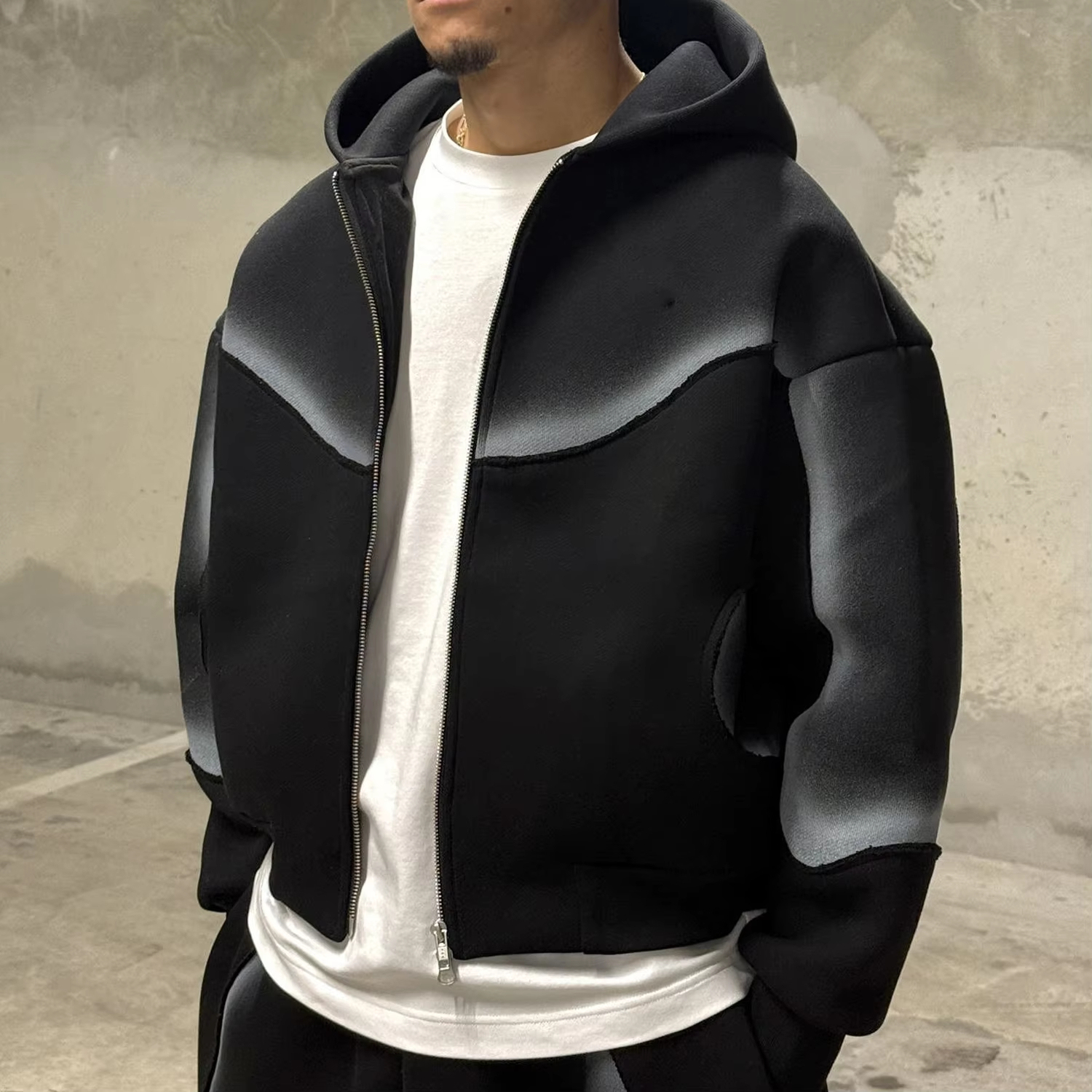 Men's Boxy Oversized Full Zip Hoodie Wide Leg Sweatpants 2 Piece Set Heavyweight Fleece Spray Paint Embroidery Street Tracksuit