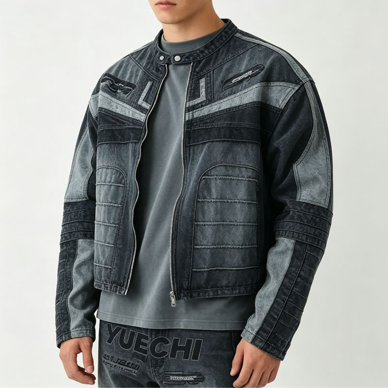 Custom Men's Boxy Cropped Denim Moto Biker Jacket & Straight Denim Pant Set Applique Embroidery Racing Streetwear Two Piece Set
