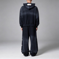 Men Sun Faded Distressed Studded Vintage Tracksuit Heavyweight 100% French Terry Oversized Pullover Hoodie Wide Leg Sweatpants