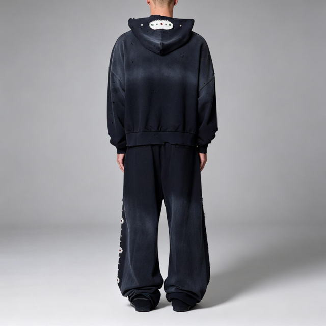 Men Sun Faded Distressed Studded Vintage Tracksuit Heavyweight 100% French Terry Oversized Pullover Hoodie Wide Leg Sweatpants