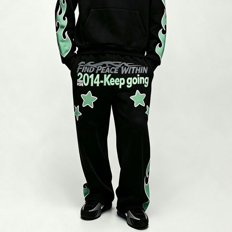 Custom Puff Printing Applique 2 Pieces Full Zip Boxy Fit Black Cotton Fleece Men's Heavyweight Winter Streetwear Tracksuit Set