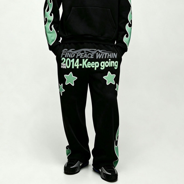 Custom Puff Printing Applique 2 Pieces Full Zip Boxy Fit Black Cotton Fleece Men's Heavyweight Winter Streetwear Tracksuit Set