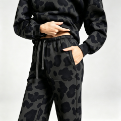 Winter Custom Leopard Patterned Screen Print Full Zip 2-Piece Boxy Fit Baggy Heavyweight 100% Cotton Fleece Men's Jogger