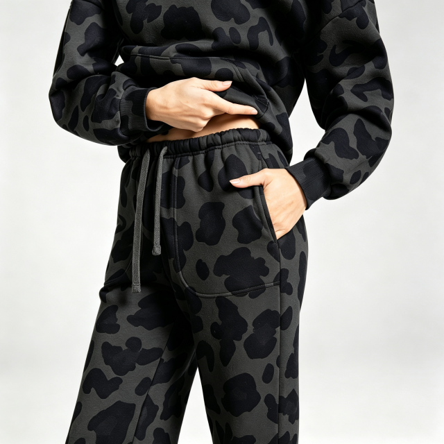 Winter Custom Leopard Patterned Screen Print Full Zip 2-Piece Boxy Fit Baggy Heavyweight 100% Cotton Fleece Men's Jogger
