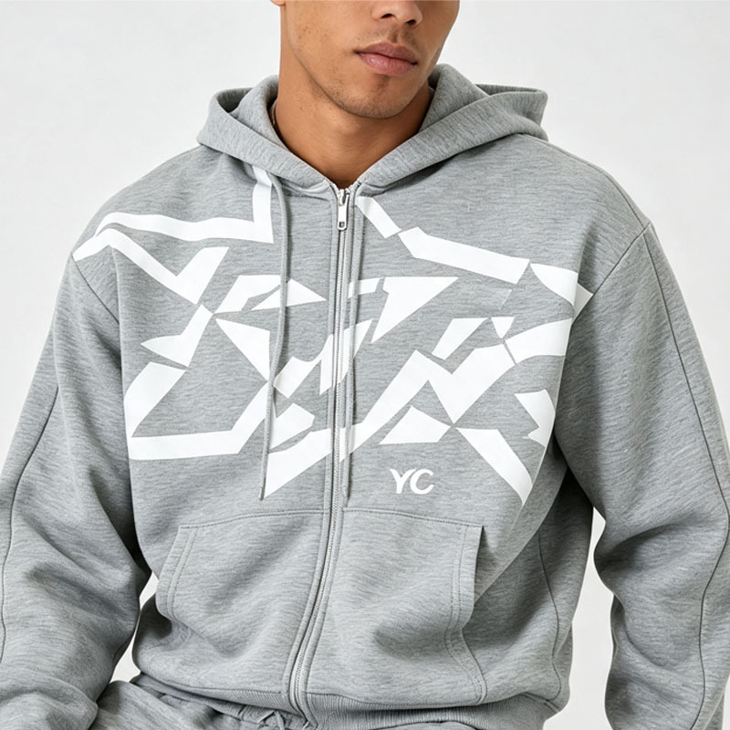 Custom Screen Printing 2 Pieces Full Zip Boxy Fit Wide Leg Heather Grey French Terry Cotton Apparel Men's Heavyweight Tracksuit