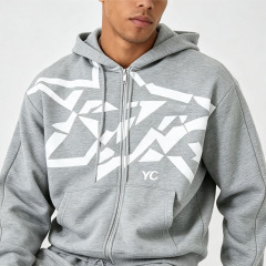Custom Screen Printing 2 Pieces Full Zip Boxy Fit Wide Leg Heather Grey French Terry Cotton Apparel Men's Heavyweight Tracksuit