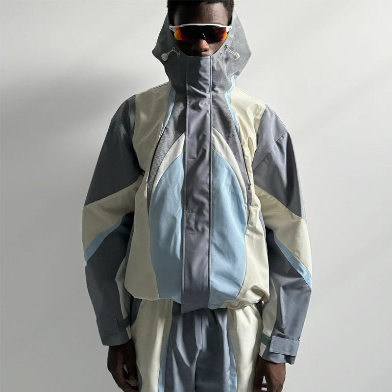 Custom Mens Multi Color Block Patchwork Nylon Tracksuit Full Zip Hooded Lightweight Shell Jacket Short Set Streetwear 2 Pieces
