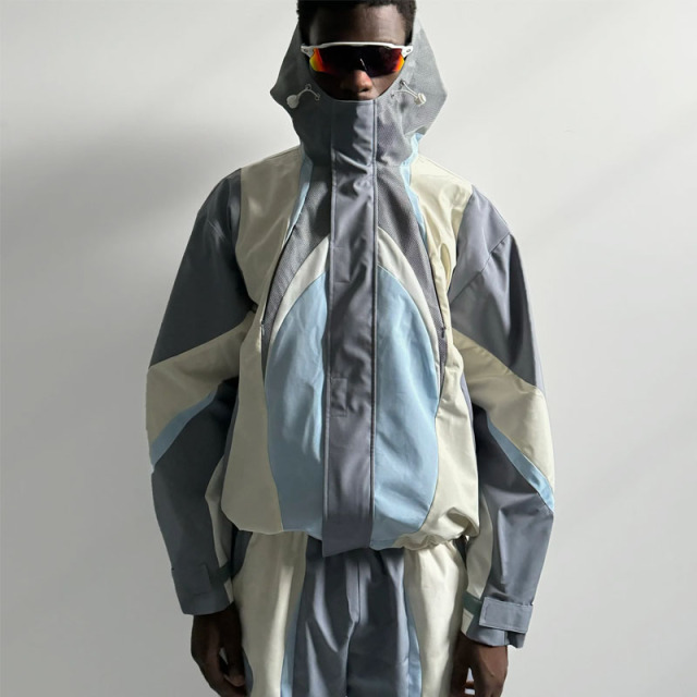 Custom Mens Multi Color Block Patchwork Nylon Tracksuit Full Zip Hooded Lightweight Shell Jacket Short Set Streetwear 2 Pieces