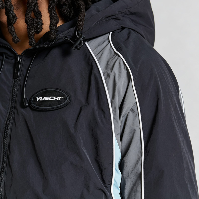 Custom Men Woven Nylon Full Zip Hooded Tracksuit Contrast Piping Breathable Mesh Lining Relaxed Fit Lightweight Two Piece Set