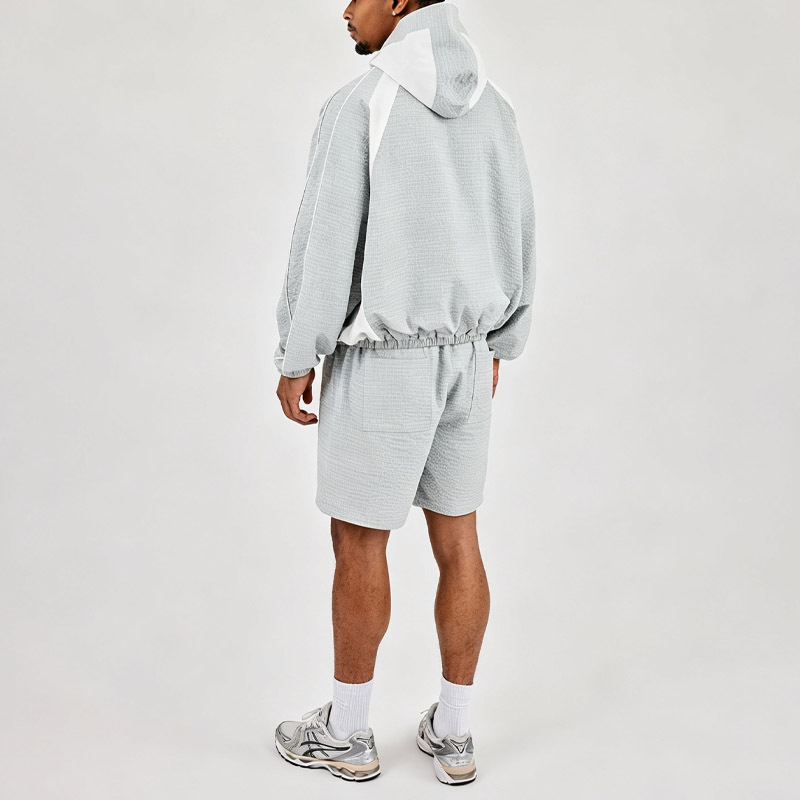 Custom Men Oversized Hooded Windbreaker Short 2 Piece Tracksuit Set Check Woven Panelling Design Zip Popper