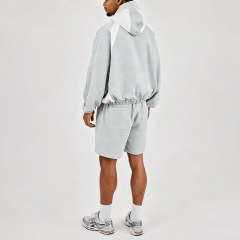 Custom Men Oversized Hooded Windbreaker Short 2 Piece Tracksuit Set Check Woven Panelling Design Zip Popper