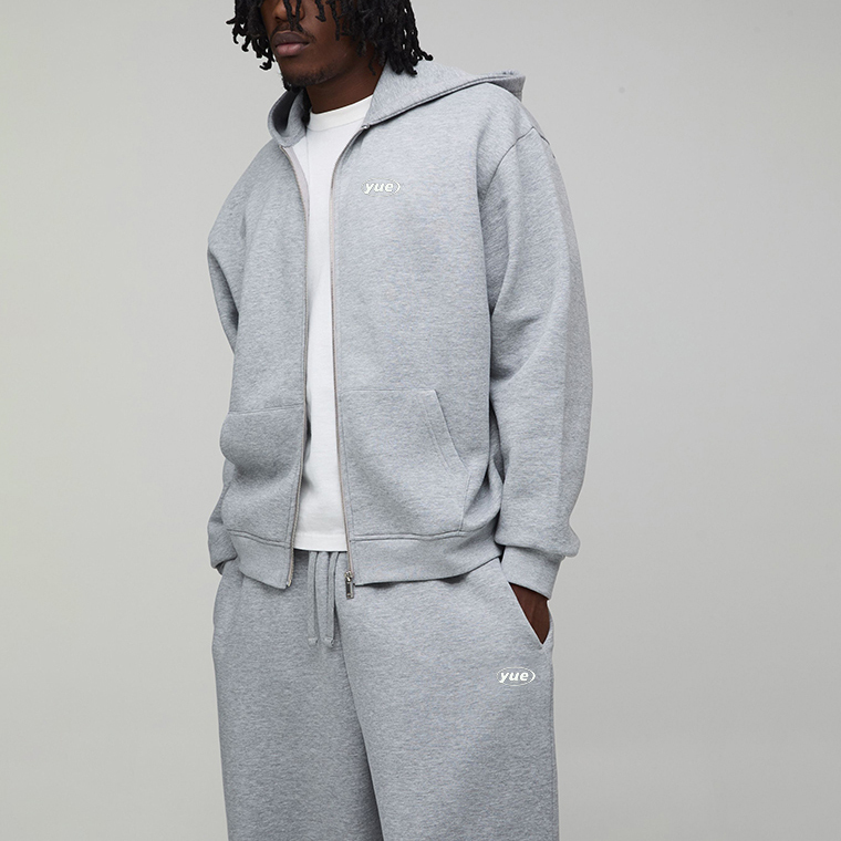 Custom Puff Printing Fleece 2-Piece Full-Zip Boxy Fit Baggy Wide-Leg Heather Grey Men's Heavyweight 100% Cotton Winter