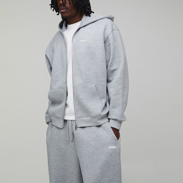 Custom Puff Printing Fleece 2-Piece Full-Zip Boxy Fit Baggy Wide-Leg Heather Grey Men's Heavyweight 100% Cotton Winter