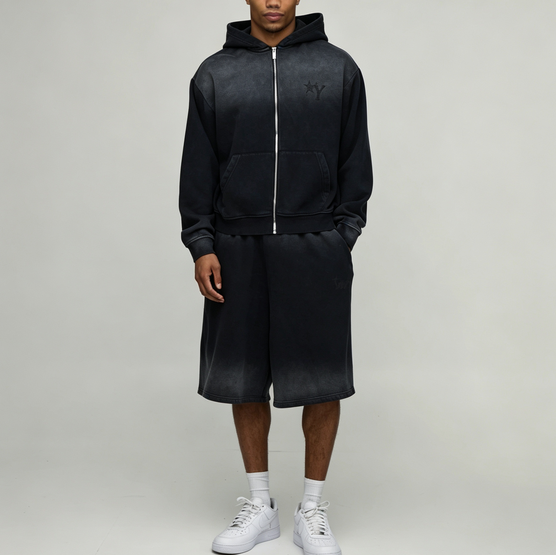 Custom Sun Faded Embroidery Full Zip Hoodie Knee Length Shorts 2 Pieces Washed Black Cotton French Terry Men's Casual Tracksuit
