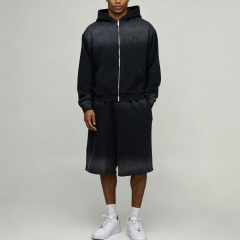 Custom Sun Faded Embroidery Full Zip Hoodie Knee Length Shorts 2 Pieces Washed Black Cotton French Terry Men's Casual Tracksuit