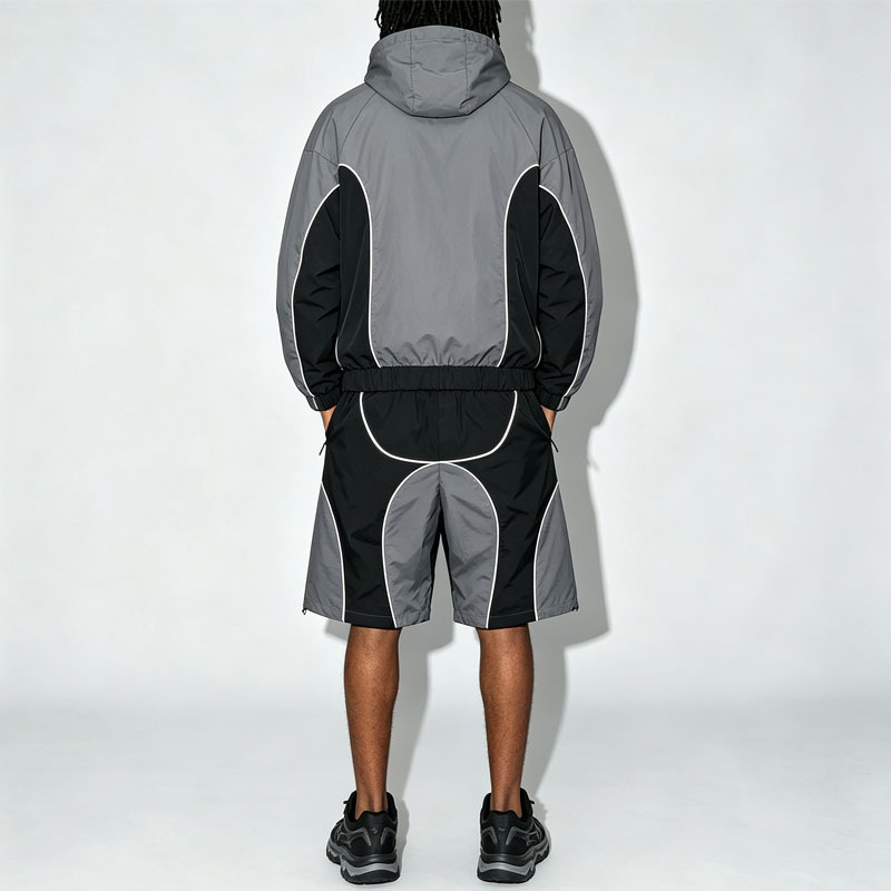 Wholesale Custom Mens Color Block Patchwork Windbreaker Polyester Nylon Tracksuit Mens Track Zip up Jacket and Shorts Set